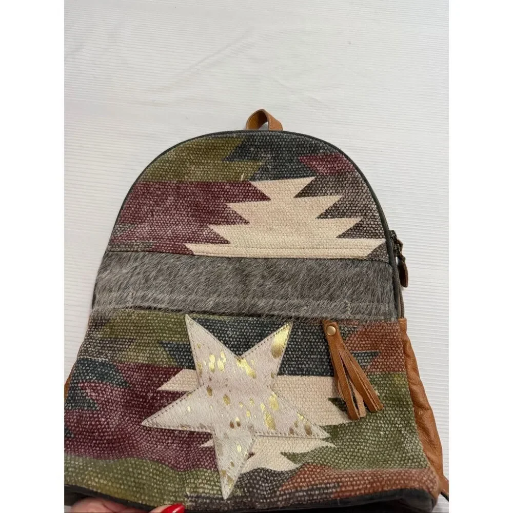 Myra Bag Hair On Cowhide Leather Western Southwest Boho Star Backpack Canvas